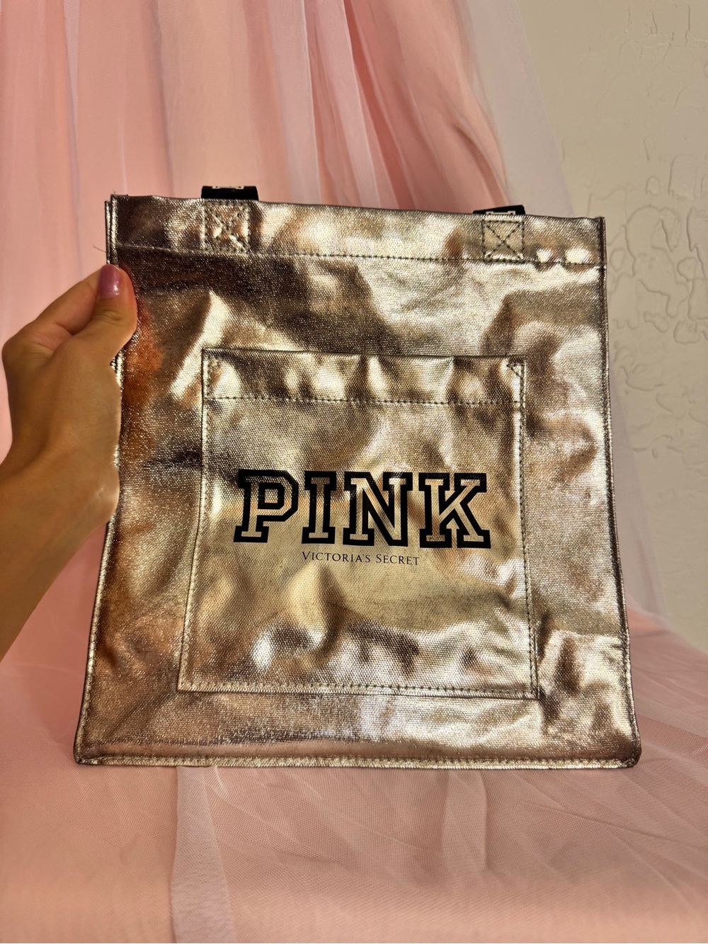 👛PINK by Victoria's Secret Metallic Silver Tote Bag